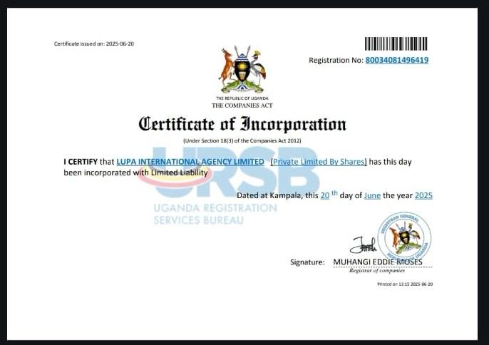 Official Registration Certificate for Lupa International Agency Limited